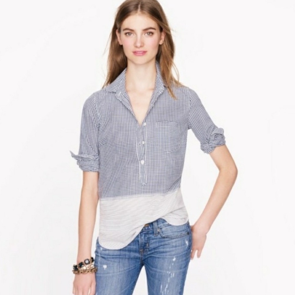 J.Crew Blue White Gingham & Striped Pop Over Shirt 4